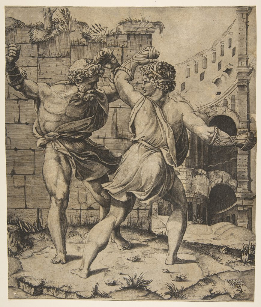 Detail of Entellus and Dares fighting in front of classical ruins, 1520-25 by Marco Dente