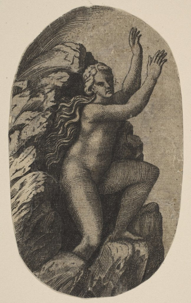 Detail of Eurydice naked standing on a rock, her arms raised to the right, ca. 1515-27 by Marco Dente