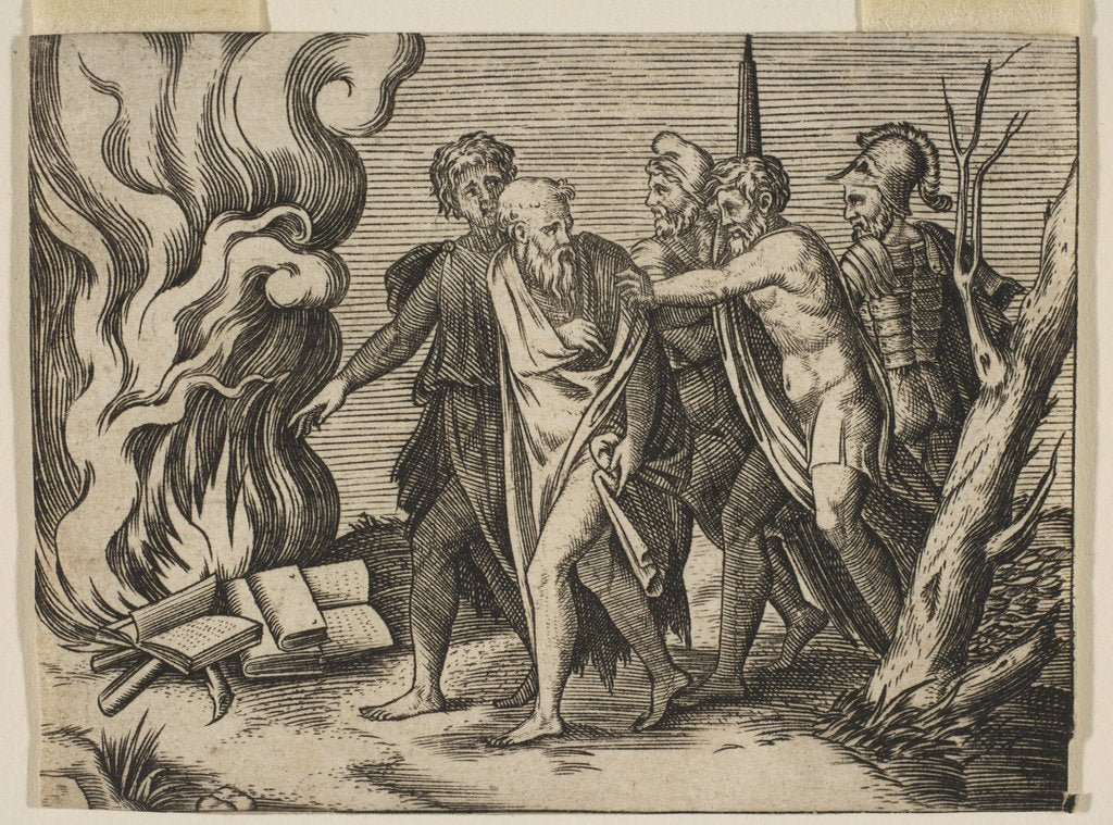 Detail of A group of men at right pushing philosophers toward a fire with burning books at th…, ca. 1515-27 by Marco Dente (attributed to)
