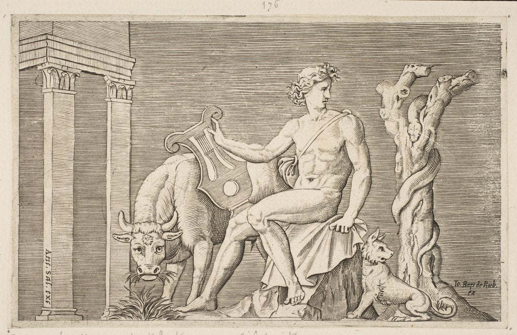 Detail of Apollo tending the flocks of Admetus, Apollo seated holding a lyre and flanked by a…, ca. 1515-27 by Marco Dente