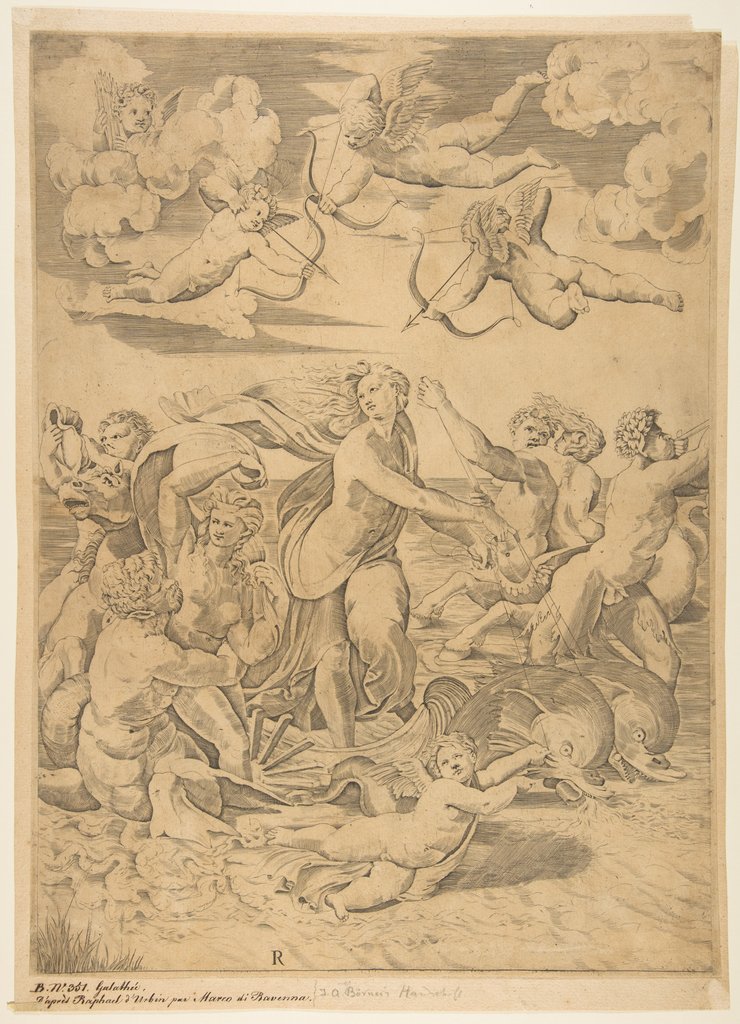 Detail of Galatea riding in a shell pulled through the water by dolphins, a cupid below and f…, ca. 1515-27 by Marco Dente