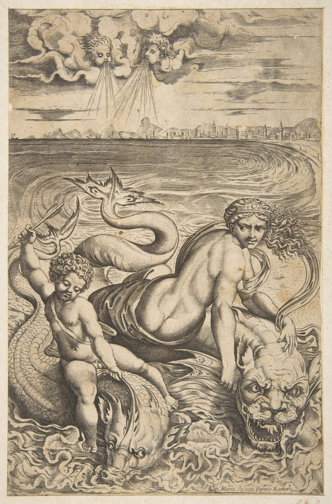 Detail of Venus and Cupid riding two sea monsters, Cupid raises an arrow in his right hand, t…, ca. 1515-27 by Marco Dente