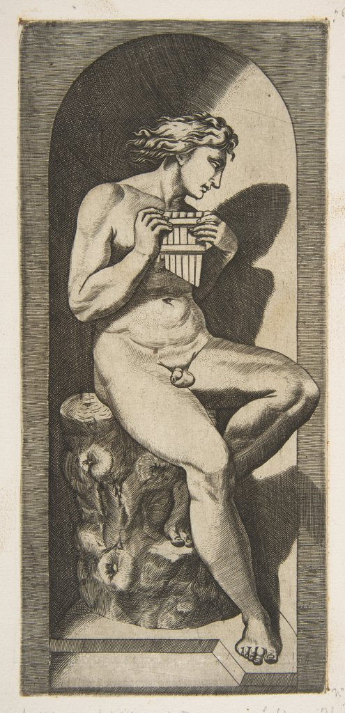 Detail of Olympus naked seated on a tree stump holding pipes, set within a niche, ca. 1515-27 by Marco Dente