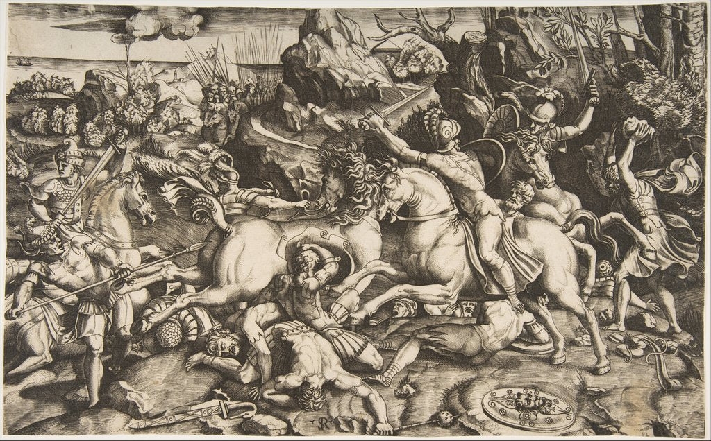 Detail of Battle scene in a landscape with soldiers on horseback and several fallen men, another…, ca. 1520 by Marco Dente