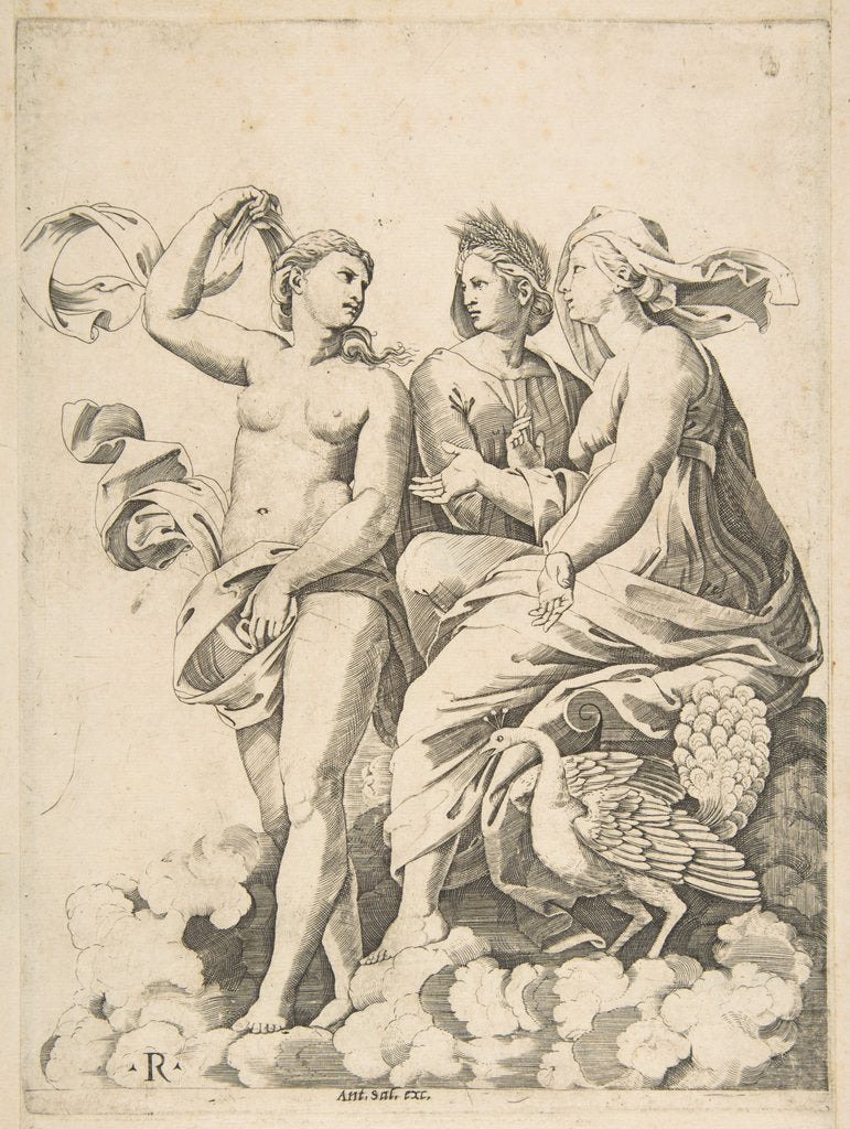 Detail of Juno, Ceres, and Psyche in the clouds conversing, Juno seated with a peacock at her…, ca. 1515-27 by Marco Dente