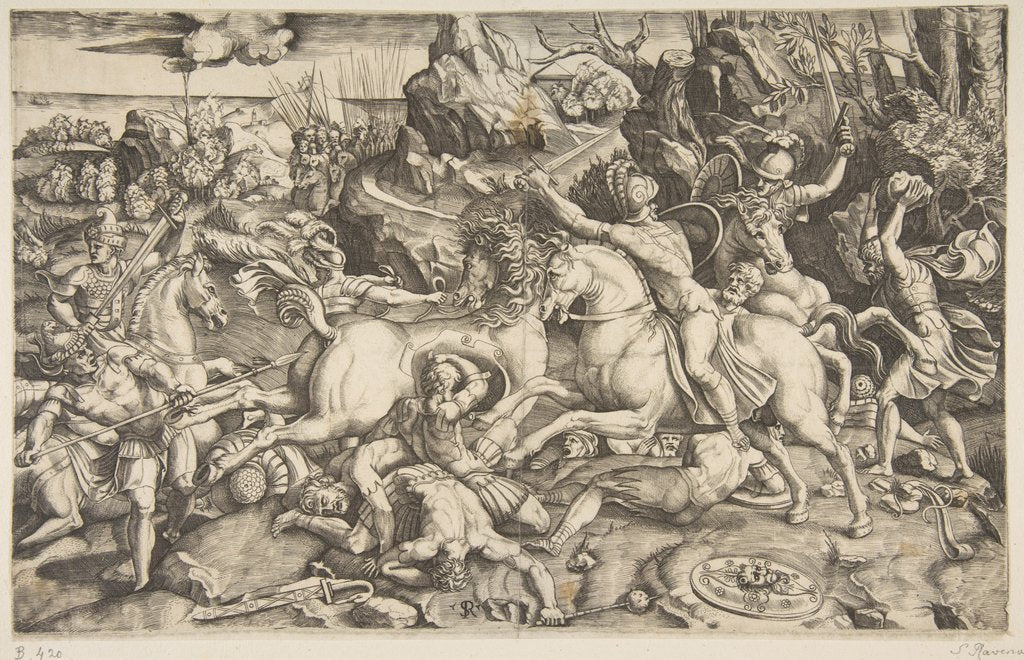 Detail of Battle scene in a landscape with soldiers on horseback and several fallen men, another…, ca. 1520 by Marco Dente