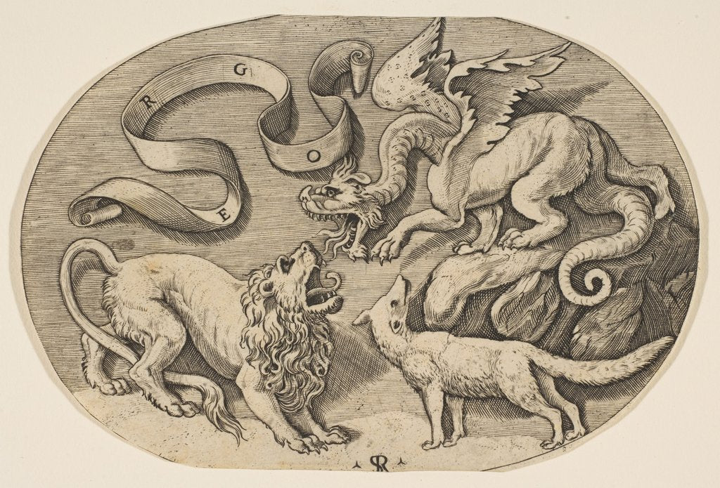 Detail of A lion, dragon and fox fighting each other, an inscribed banderole above, an oval c…, ca. 1515-27 by Marco Dente