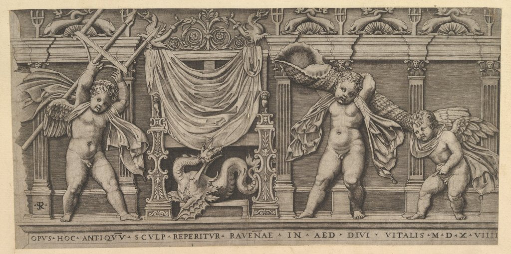 Detail of Speculum Romanae Magnificentiae: Bas-Relief with Three Cupids, 1519 by Marco Dente