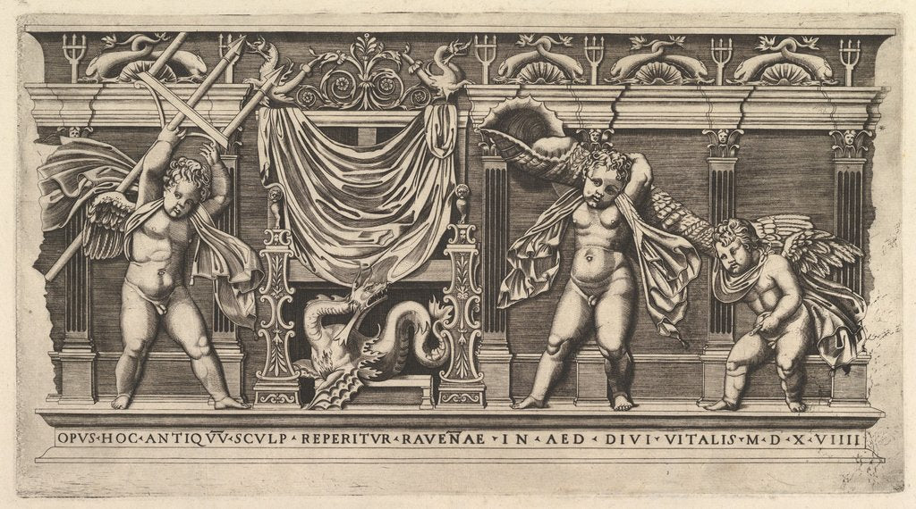 Detail of Speculum Romanae Magnificentiae: Bas-Relief with Three Cupids, 1519 by Marco Dente