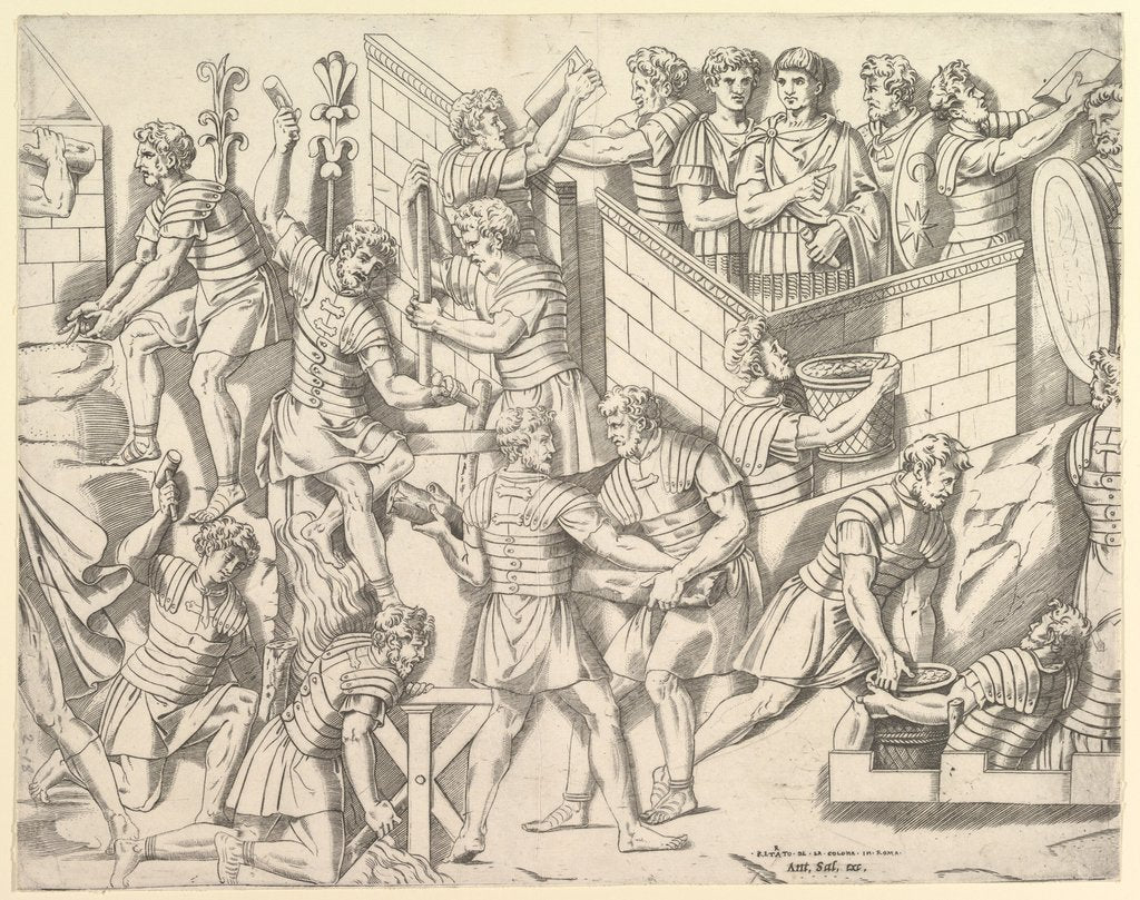 Detail of Speculum Romanae Magnificentiae: Roman Soldiers Fortifying their Camp, from Trajan…, 16th century by Marco Dente