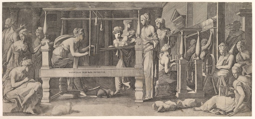 Detail of Women spinning, weaving and sewing, mid-16th century by Master FG