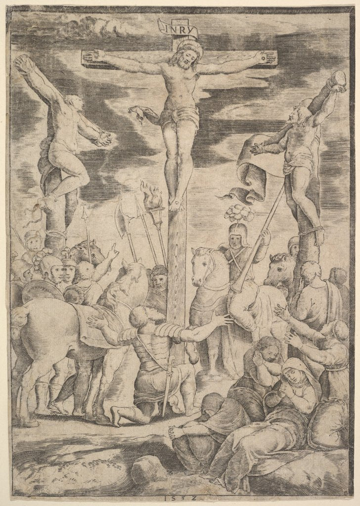 Detail of The conversion of the Centurion who flings his arms open before Christ on the cross, 1532 by Master of the Die