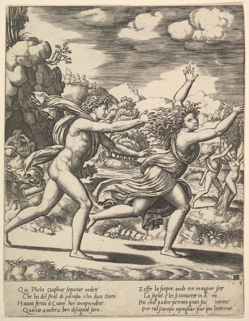 Detail of Apollo chasing Daphne who throws her arms up, in the background at right shows the mome…, 1530-60 by Master of the Die