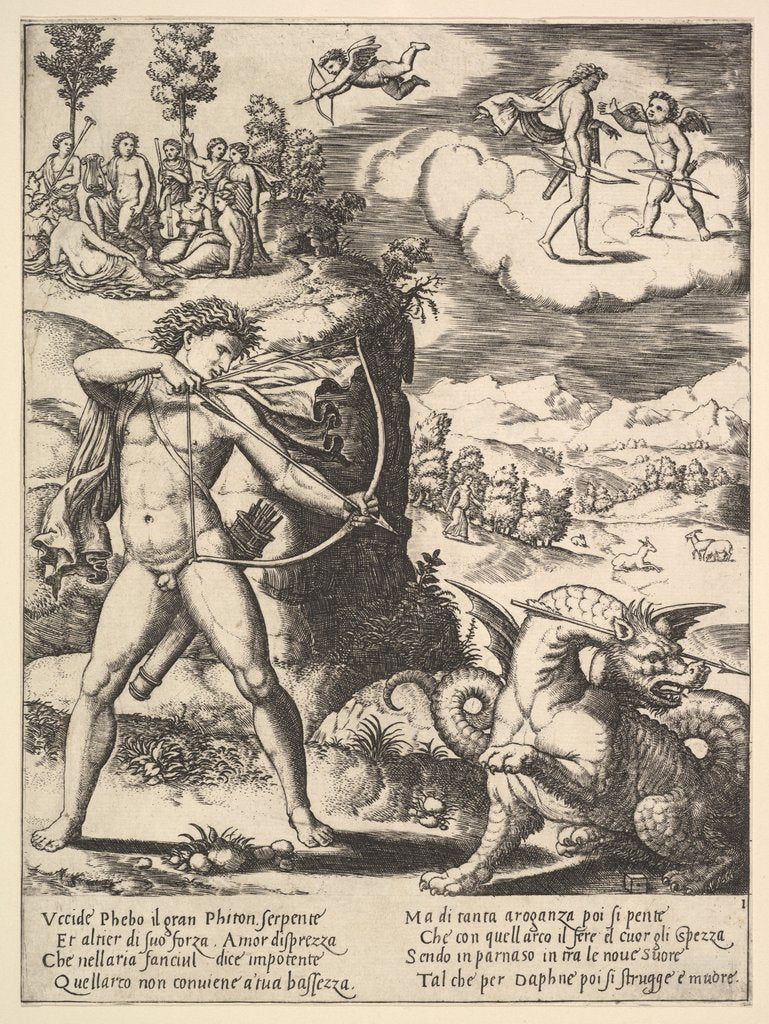 Detail of Apollo standing at left shooting a python with an arrow, above to the left are the muse…, 1530-60 by Master of the Die