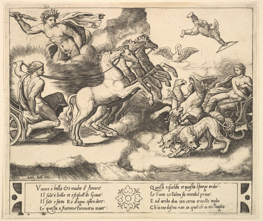 Detail of Apollo in his horse-drawn chariot at the left, above him above Jupiter hurls a thunderb…, 1530-60 by Master of the Die