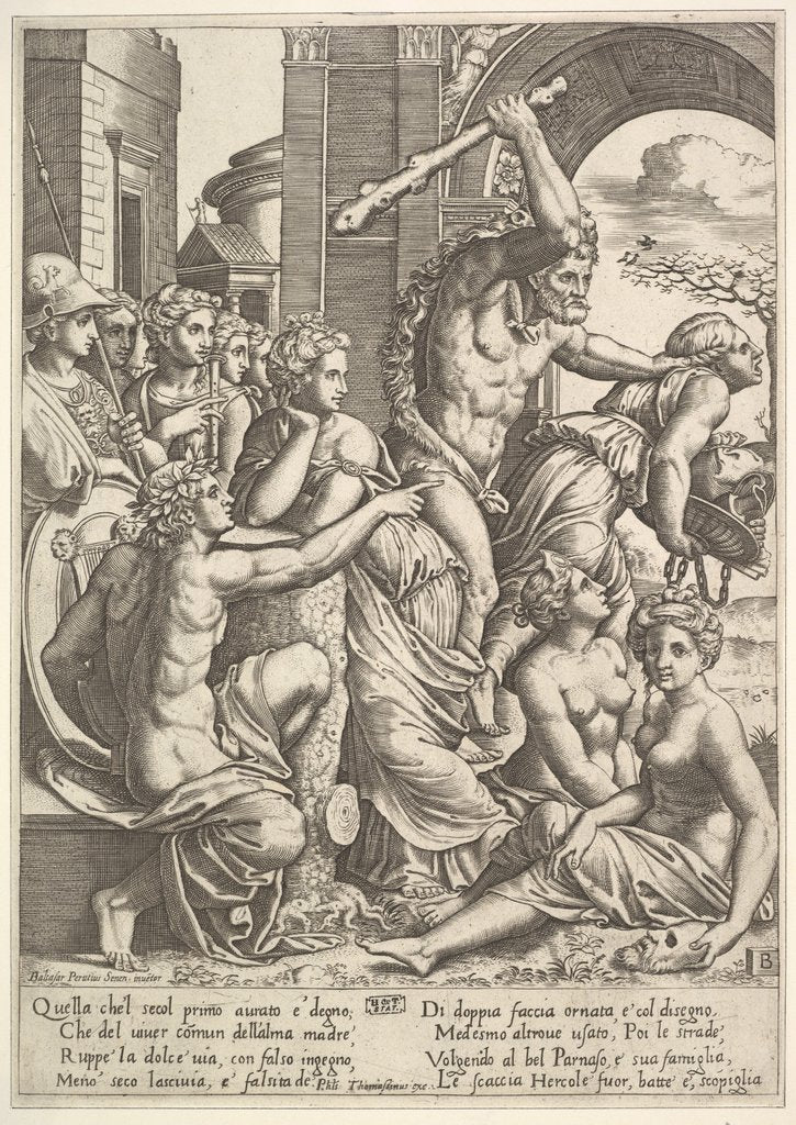 Detail of Envy or Avarice at the right being driven from the temple of the Muses by Hercules who …, 1530-60 by Master of the Die