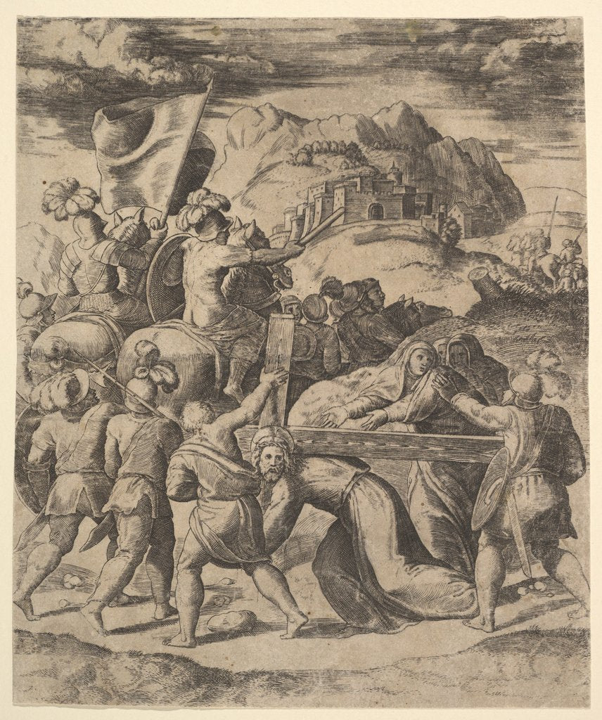 Detail of Christ carrying the cross surrounded by soldiers, several on horseback, 1530-60 by Master of the Die