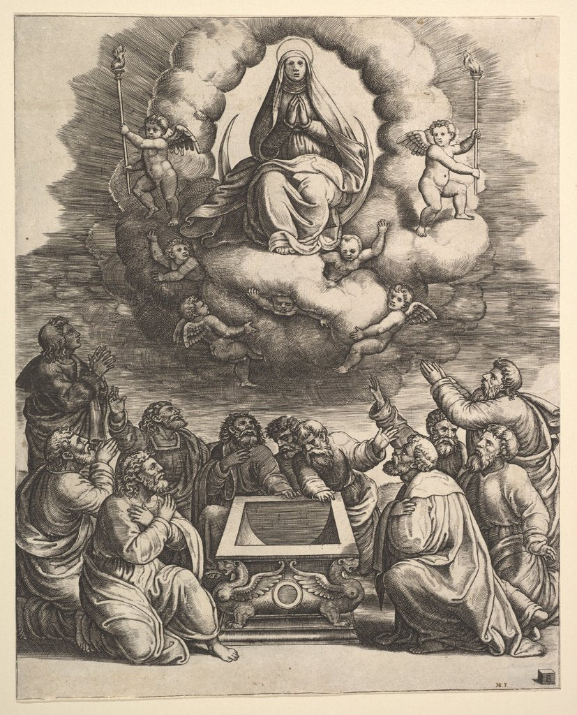Detail of The Assumption of the Virgin, below the apostles surround the tomb, 1530-60 by Master of the Die