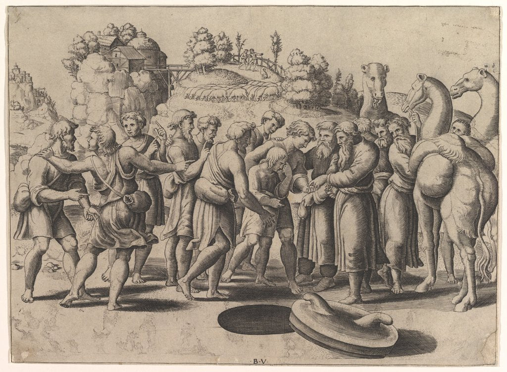 Joseph in the centre being sold by his brothers standing above a well, camels at the right, 1533 by Master of the Die