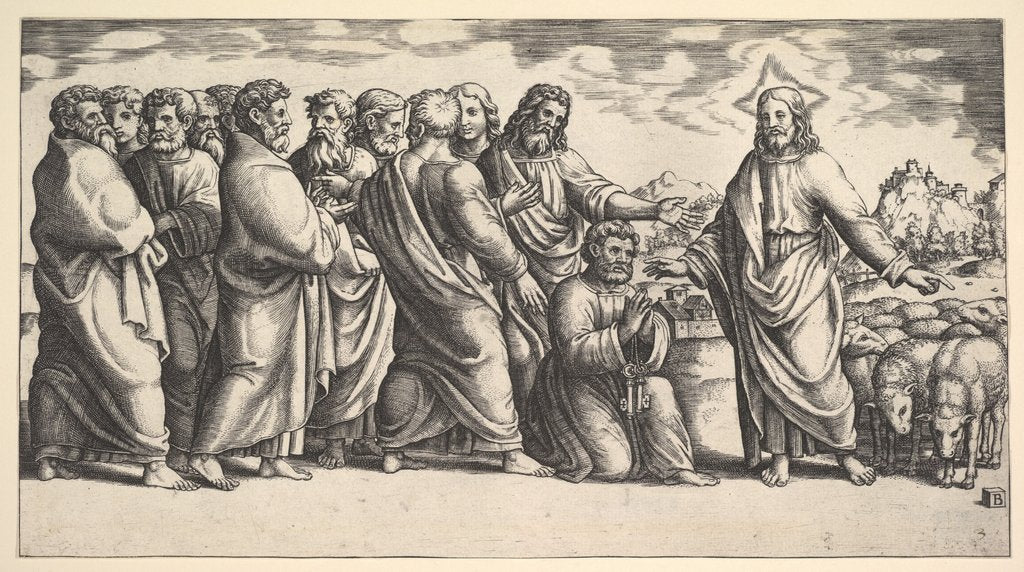 Detail of Christ standing at left indicating to a flock of sheep, before him kneels St. Peter hol…, 1530-60 by Master of the Die