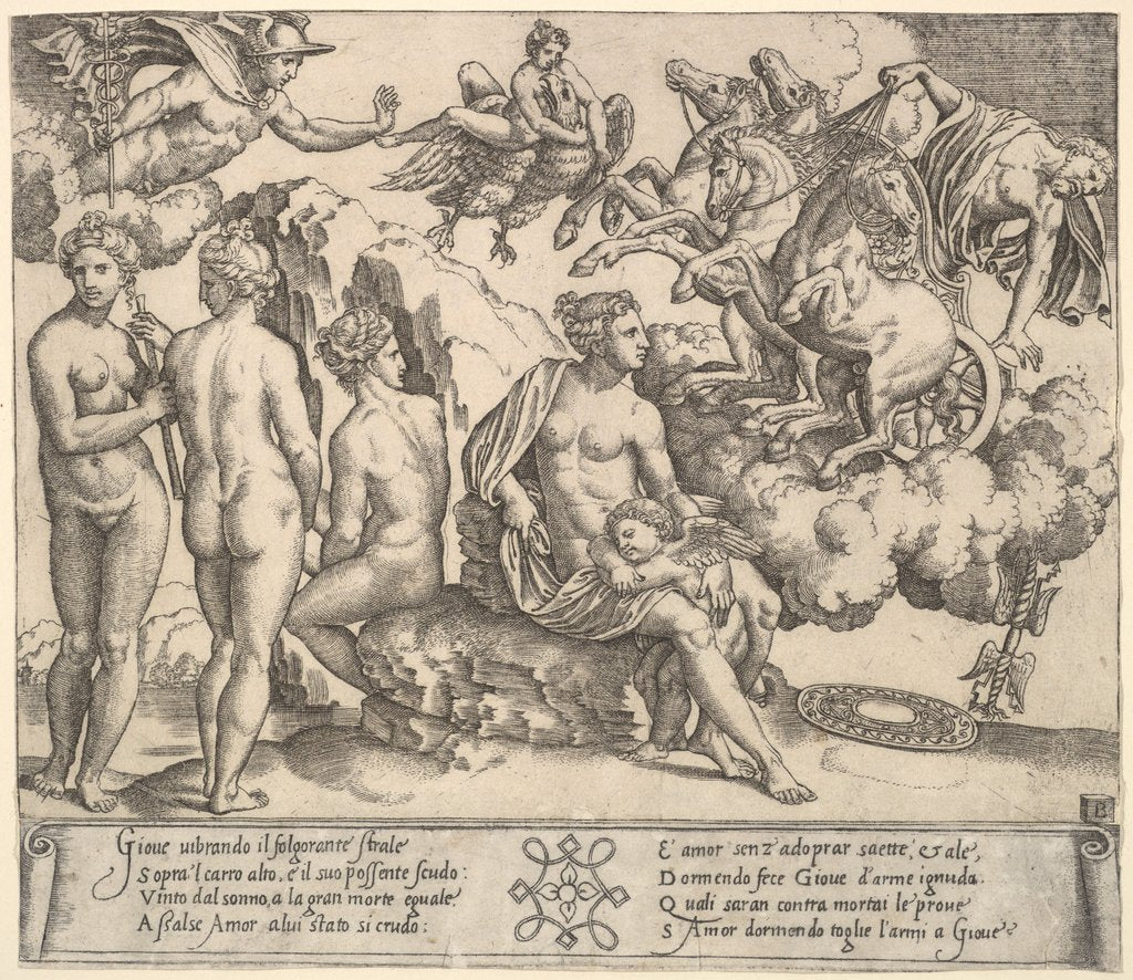 Detail of Jupiter tumbling from a horse-drawn carriage at right, Ganymede in the form of an eagle…, 1530-60 by Master of the Die