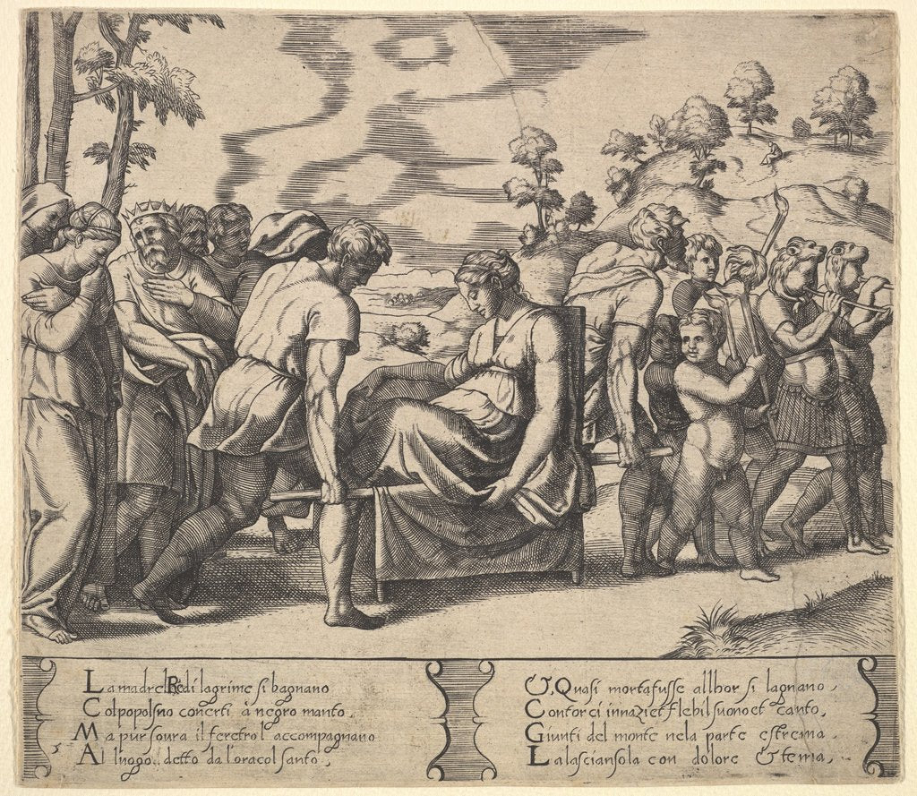 Detail of Plate 5: Psyche carried on a litter, from the 'Fable of Cupid and Psyche', 1530-60 by Master of the Die