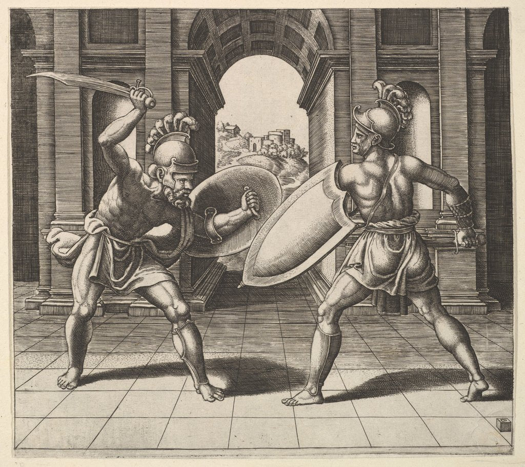 Detail of Two gladiators fighting in front of an arch, 1530-60 by Master of the Die