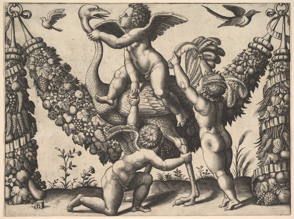 Detail of Three putti before a large garland, the one in the middle rides an ostrich, from a …, ca. 1530-40 by Master of the Die