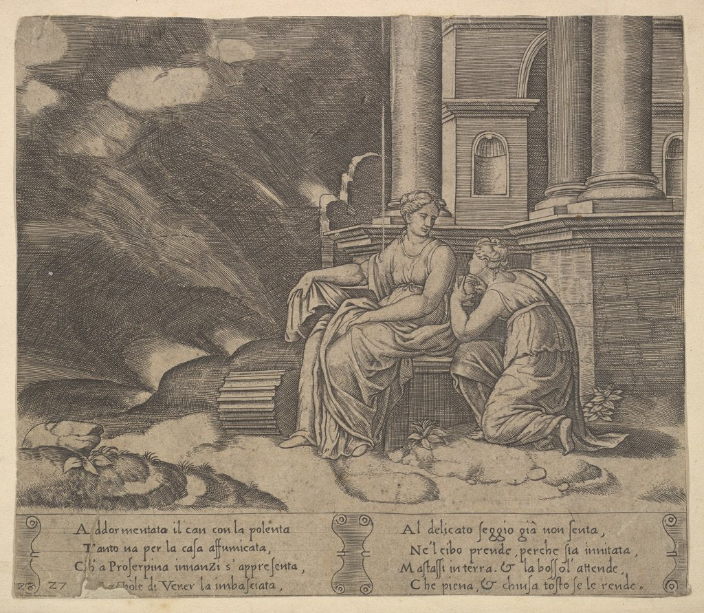 Detail of Plate 27: Proserpina gives Psyche the box of beauty, from 'The Fable of Cupid and Psyche', 1530-60 by Master of the Die