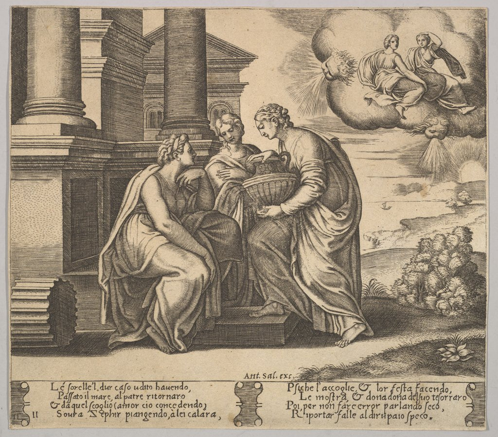 Detail of Plate 11: Psyche gives presents to her sisters, from 'The Fable of Psyche', 1530-60 by Master of the Die