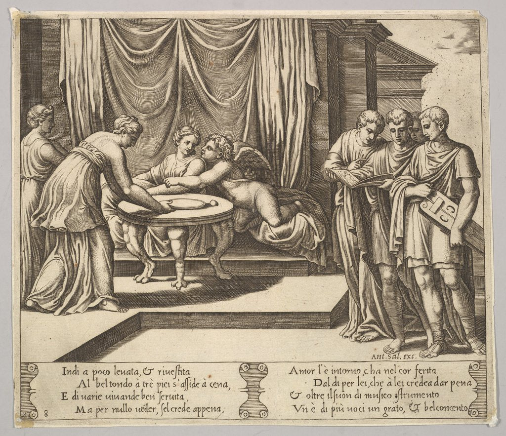 Detail of Plate 8: Psyche seated at a table and attended by invisible servants, Eros beside the g…, 1530-60 by Master of the Die