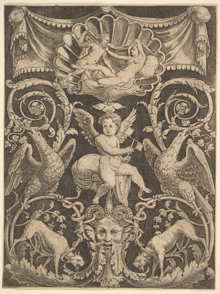 Detail of A panel of ornament with a putto in the centre holding a windmill, 1532 by Master of the Die