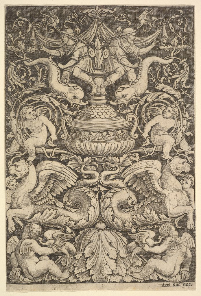 Detail of A panel of ornament with a large jar in centre, putti and other figures, 1530-60 by Master of the Die