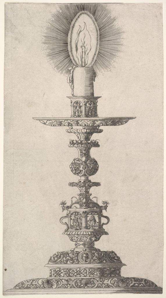 Detail of Candlestick with Lighted Candle from: Insigne Ac Plane Novum Opus Cratero graphicum; Ein n…, 1551 by Mathias Zundt