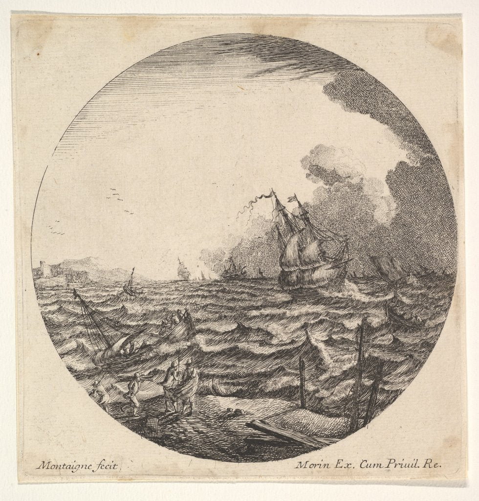 Detail of Tempest in a roundel composition, at left waves toss a small ship occupied by seven…, ca. 1625-60 by Matthijs van Plattenberg