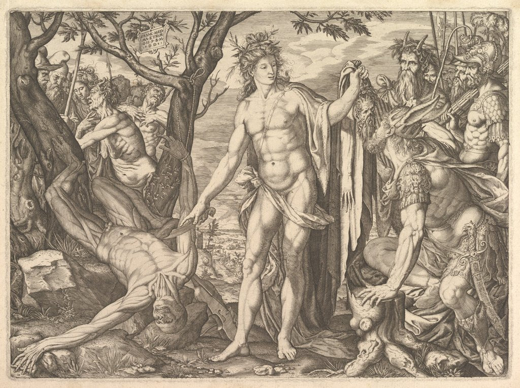 Detail of Apollo and Marsyas and the Judgment of Midas: at right Midas with the ears of an ass resti…, 1581 by Melchior Meier
