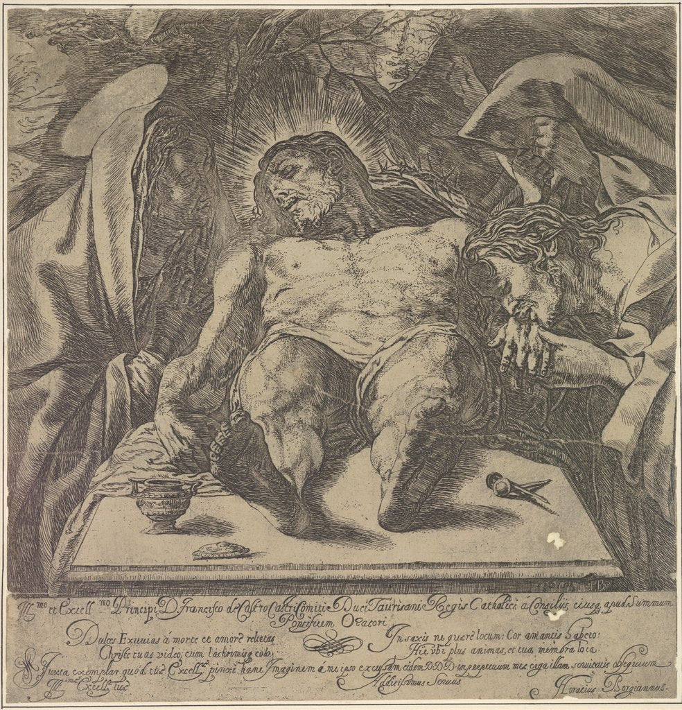 Detail of Lamentation over the body of Christ by the three Marys, a jar of ointment on the table to …, 1615 by Orazio Borgianni