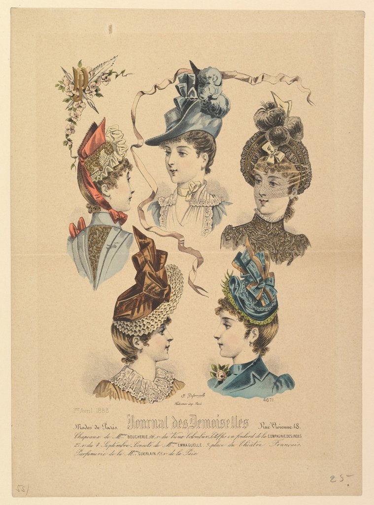 Detail of Ladies' Hats, No. 4671, from Journal des Demoiselles, April 1, 1888 by Paul Deferneville