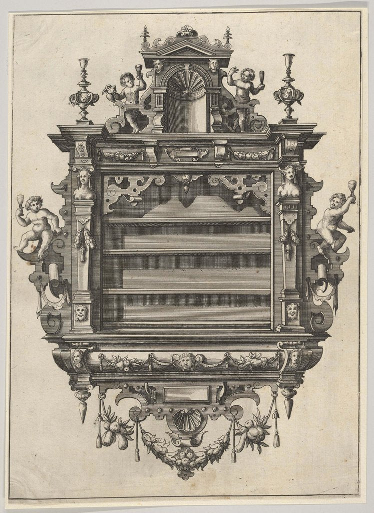 Detail of Wall-mounted Shelf Unit from 'Verscheyden Schrynwerck' ['Plusieurs Menuiseries'], 1658 by Paul Vredeman de Vries
