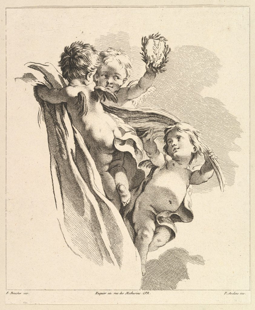 Detail of Trois Amours dont un tient un couronne, de Quatrième Livre de Groupes d'Enfans, 18th century by Pierre Alexandre Aveline