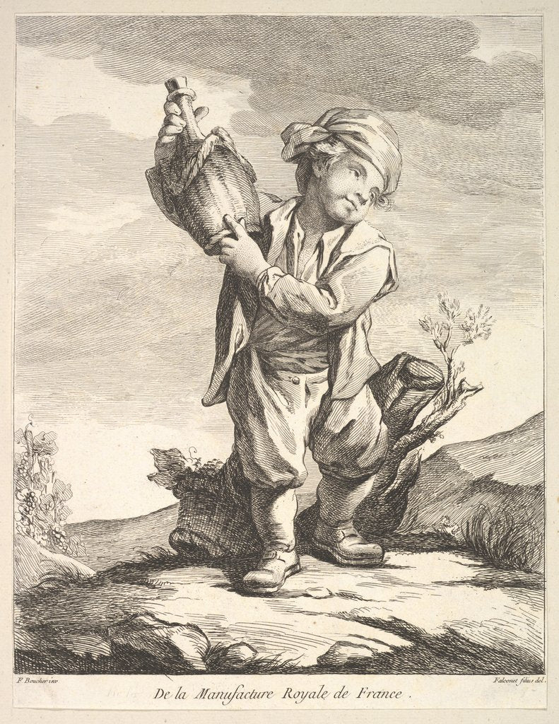 Detail of Little boy holding a vessel, from Premier Livre de Figures d'après les porcelaines de la M…, 1757 by Pierre Etienne Falconet