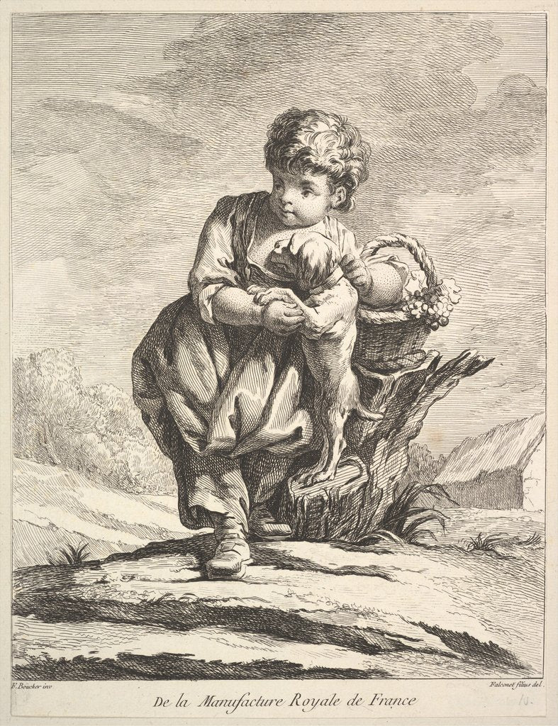 Child with a dog, holding a basket of grapes, from Premier Livre de Figures d'après les po…, 1757 by Pierre Etienne Falconet