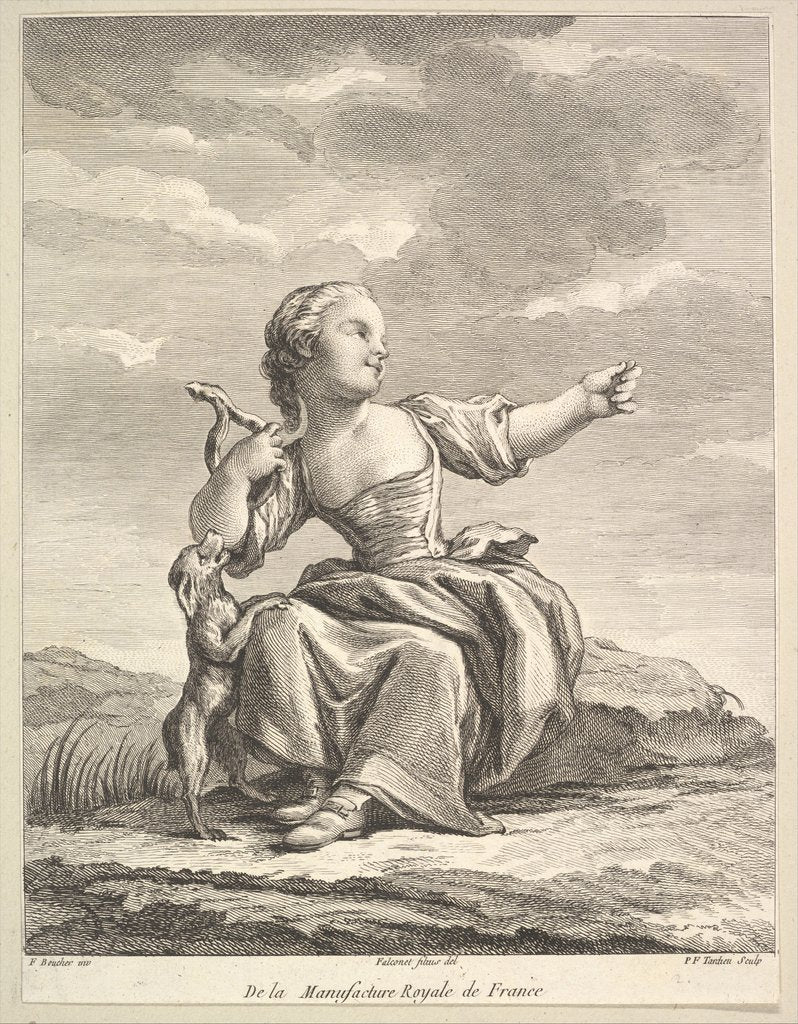 Detail of Little girl playing with a dog, from Deuxième Livre de Figures d'après les porcelain…, after 1757 by Pierre Francois Tardieu