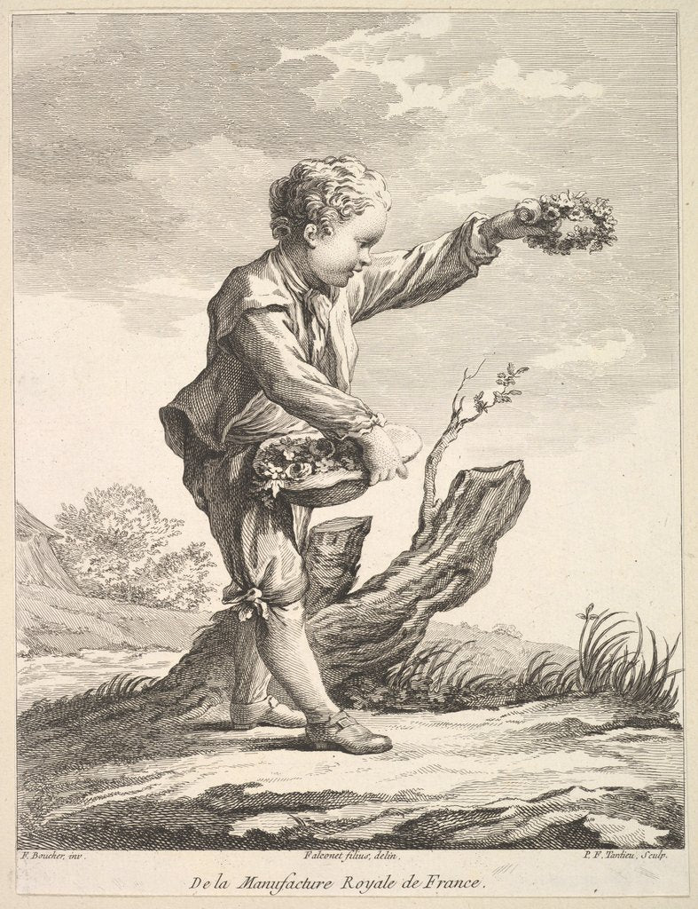 Detail of Little boy holding a wreath and basket of flowers, from Deuxième Livre de Figures d'…, after 1757 by Pierre Francois Tardieu