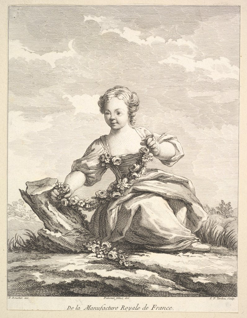 Detail of Little girl holding a garland of flowers, from Deuxième Livre de Figures d'après les…, after 1757 by Pierre Francois Tardieu