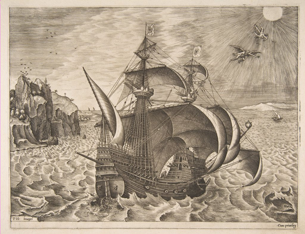 Detail of Armed Three-master with Daedalus and Icarus in the Sky from The Sailing Vessels, 1561-65 by Frans Huys