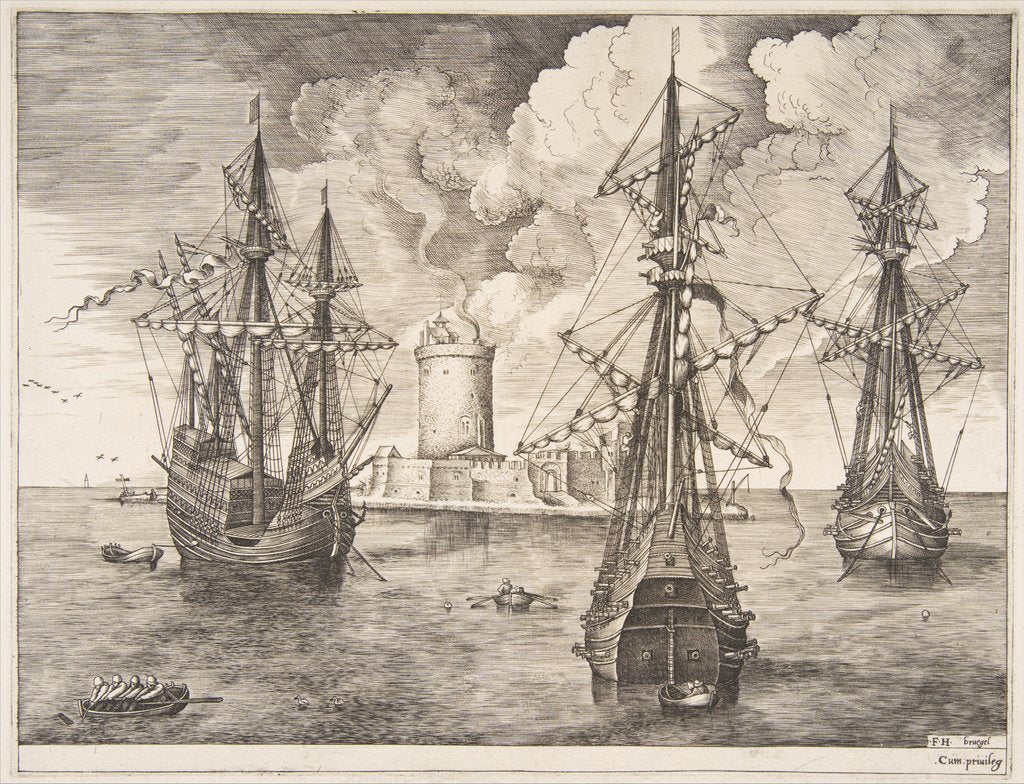Detail of Four-master and Two Three-masters Anchored near a Fortified Island from The Sailing Ves…, 1561-65 by Frans Huys