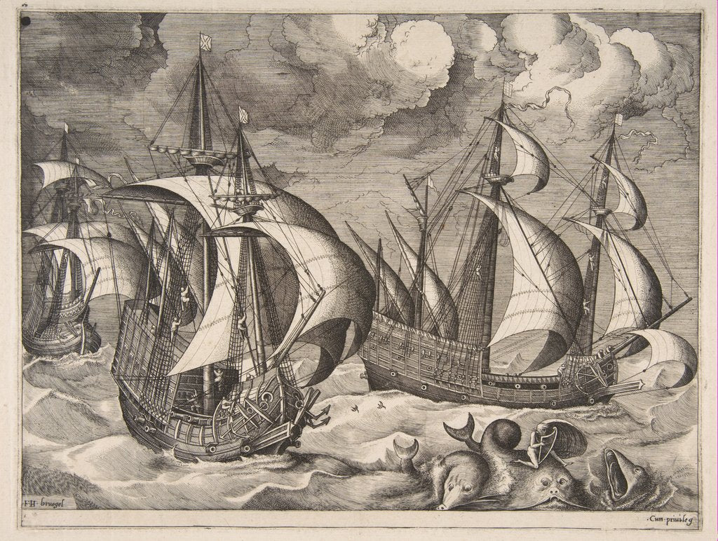 Detail of Three Caravels in a Rising Squall with Arion on a Dolphin from The Sailing Vessels, 1561-65 by Frans Huys