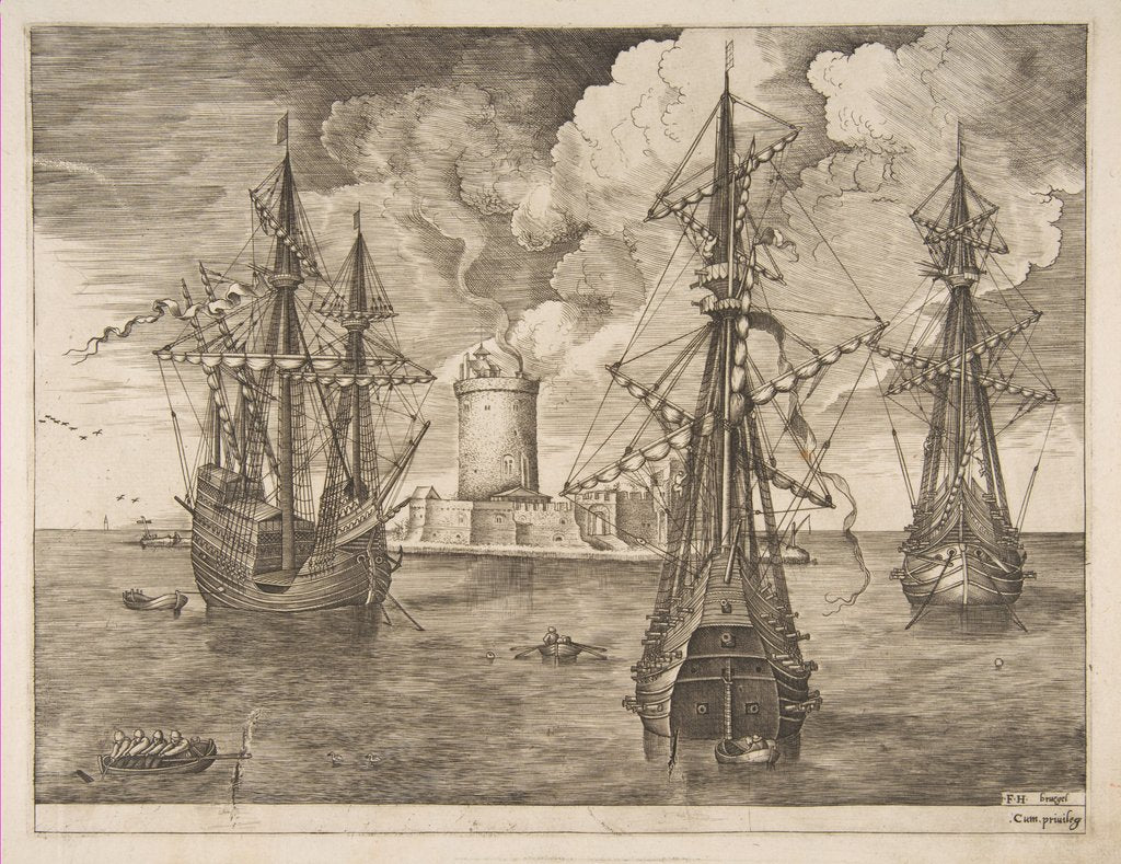 Detail of Four-Master and Two Three-Masters Anchored near a Fortified Island with a Lighth…, 1561-65 by Frans Huys