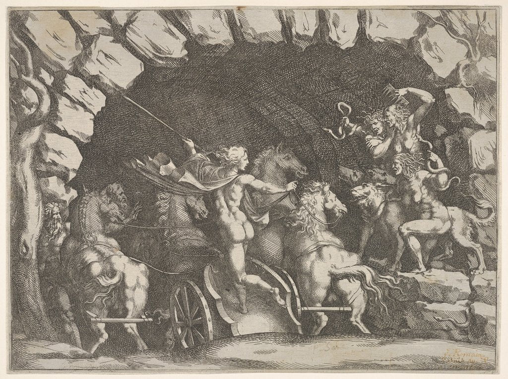 Detail of Pluto, seen from behind, entering the Underwold on his chairot, Cereberus and three Fu…, ca. 1680 by Pietro Santi Bartoli